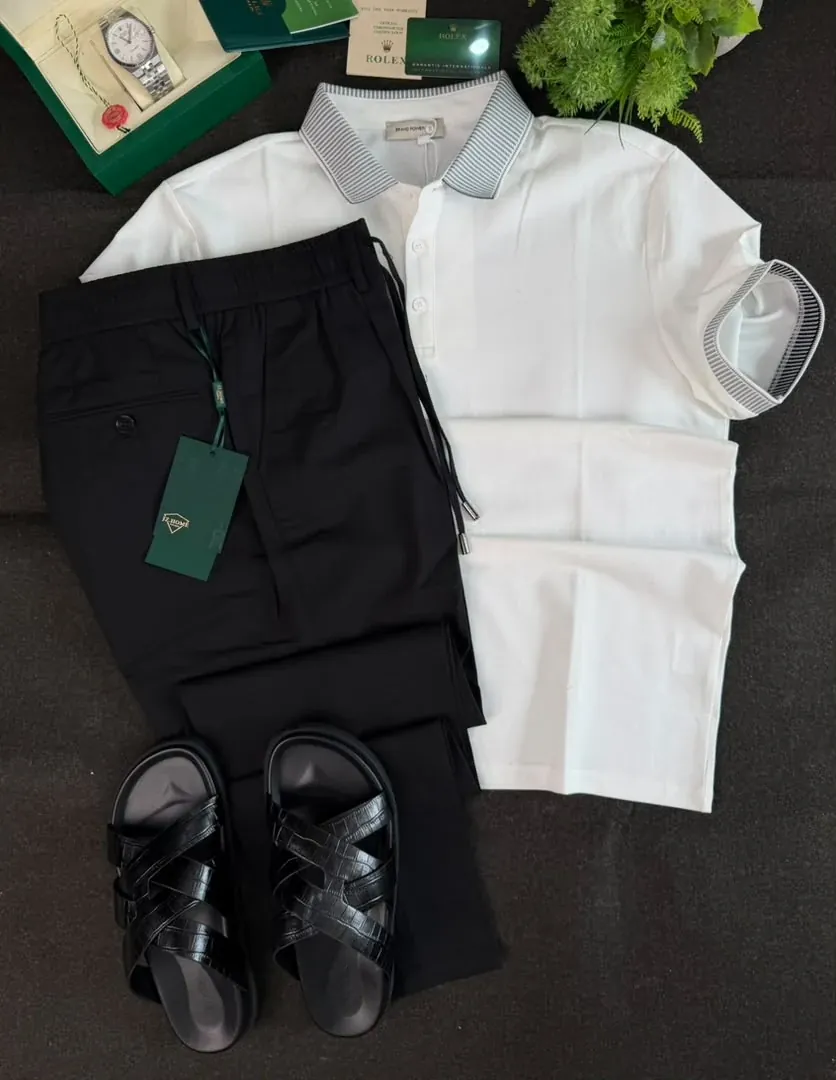 Ivory Tipped-Collar Knit Polo