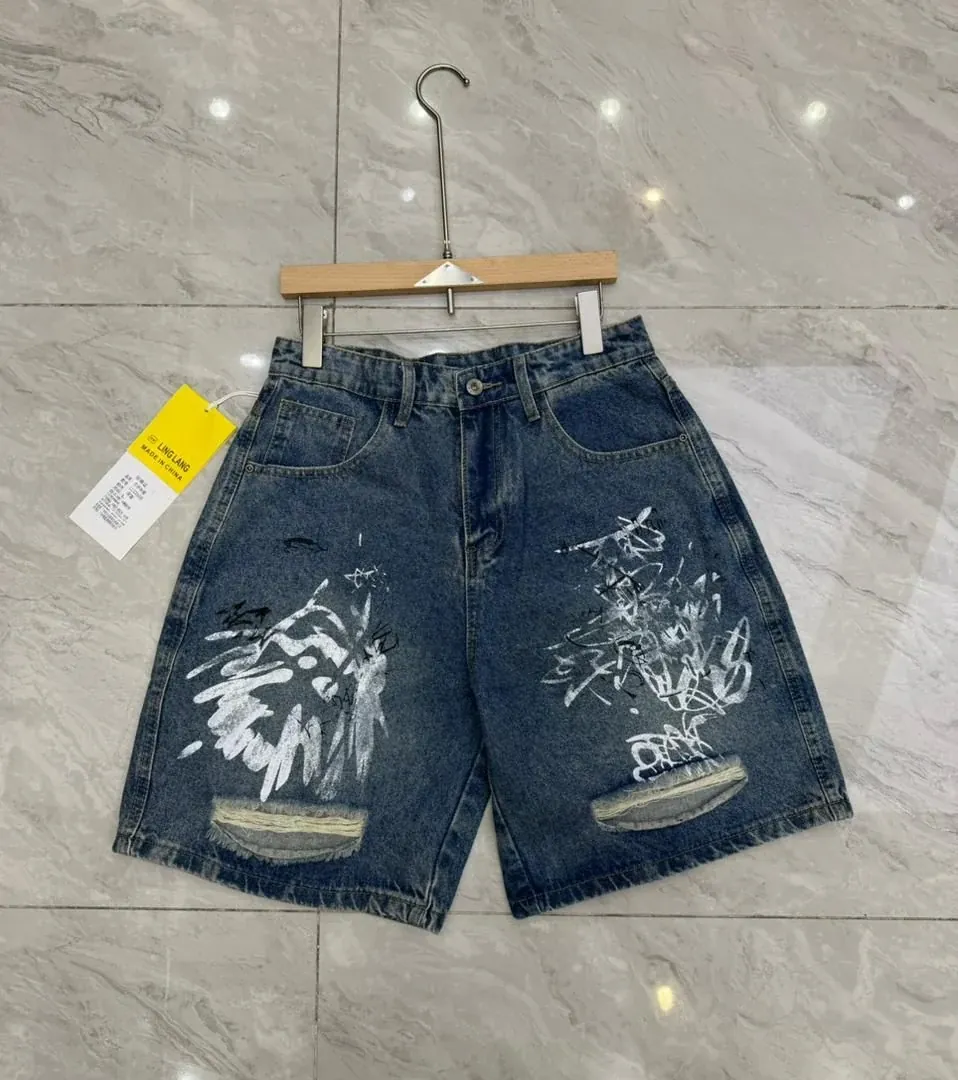 Paint-Splash Denim Shorts