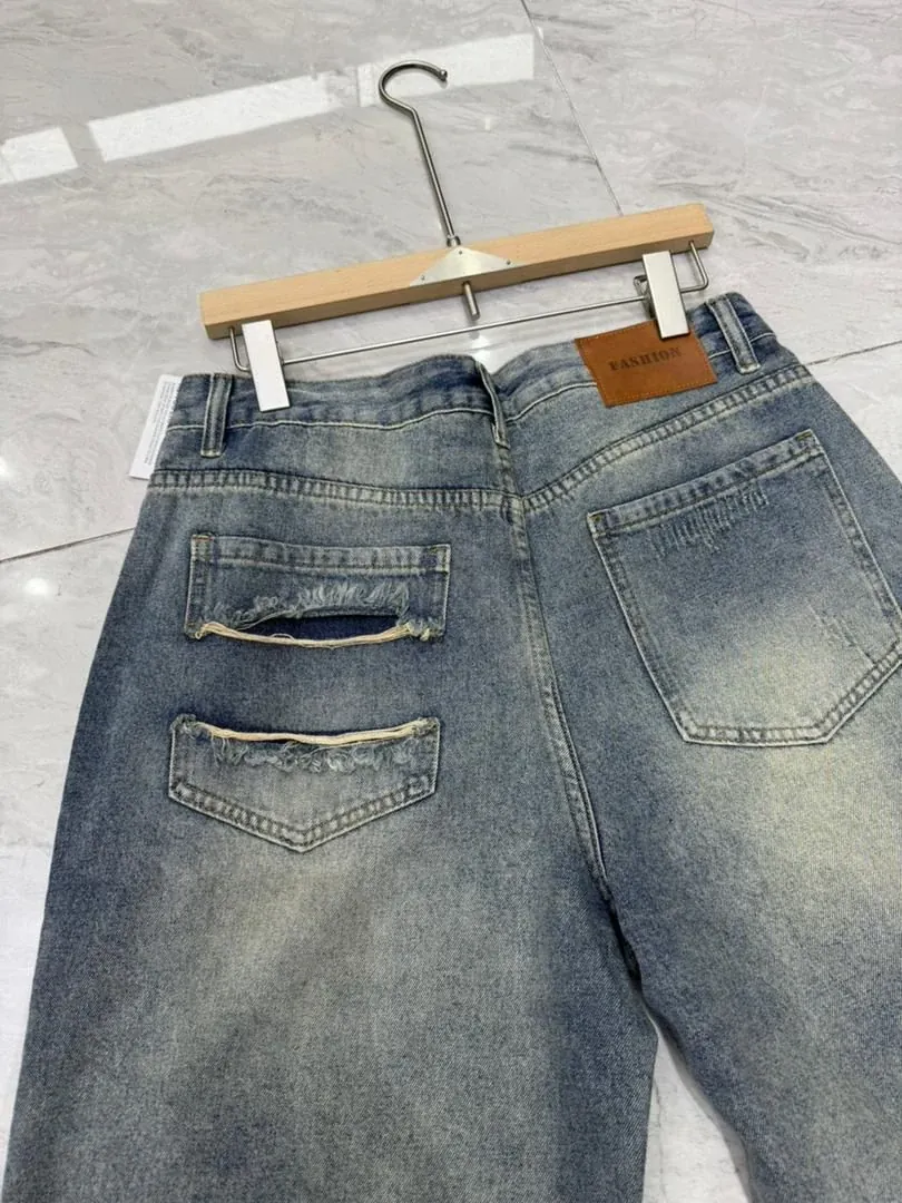 Ripped-Pocket Denim Shorts