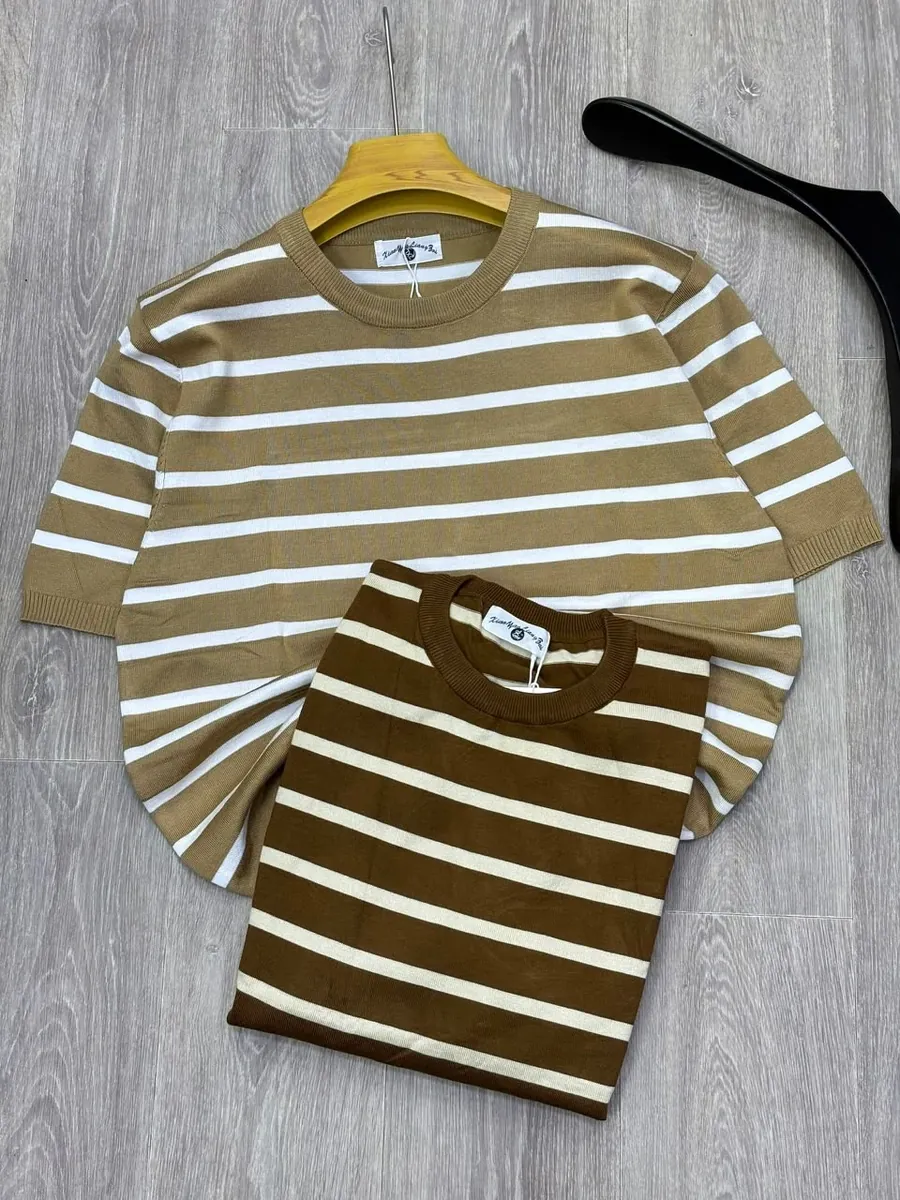 Camel Striped Fine-Knit Tee